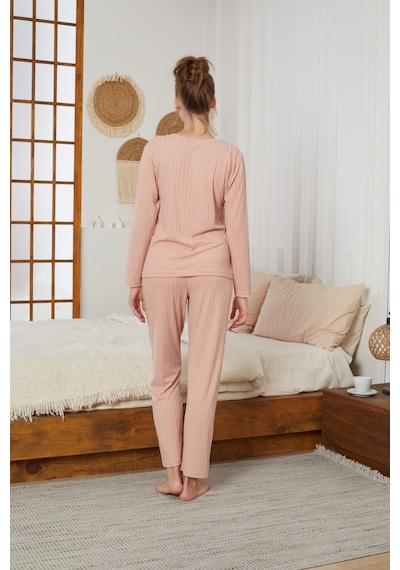 Siyah İnci Fitilli Örme Pijama Takım25226003 Somon