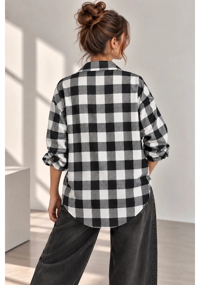 Bb Butik Basic Kadın Ekose Gömlek Oversize Oduncu Gömlek Uzun Kollu Cepli Günlük Tr0935 siyah