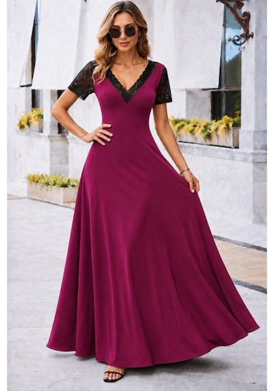 Butik İstanbul Kadın Kısa Kollu V Yakalı Uzun Janjan Krep Elbise Bordo
