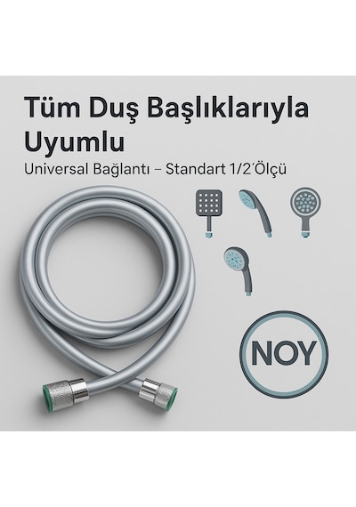Duş Başlığı Uyumlu Gri Pvc Duş Hortumu 1,5 Metre Universal Esnek Dayanıklı Krom Bağlantılı Hortum Gri
