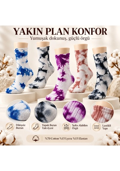 Bezos Unisex Batik Desenli Çorap 10'lu Set Pamuklu Renkli Uzun Soket Dikişsiz Nefes Alan Günlük Spor Çorabı Ventra Çok  Renkli