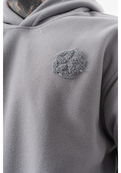 Respire Erkek Süzene Nakış Detaylı Kapüşonlu Oversize Polar Hoodie Gri
