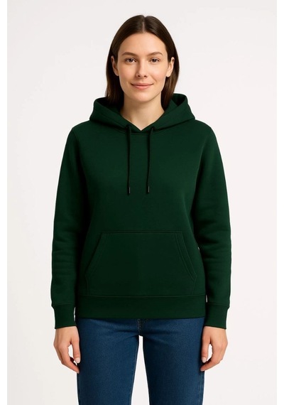 Kadın 3 İplik Pamuklu Kapüşonlu Kanguru Cepli Sweatshirt Hoodie - Haki