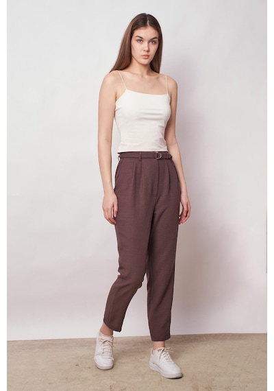 JUMENT Keten Yüksek Bel Pileli Beli Lastikli Kemerli Boyfriend Pantolon-kahve