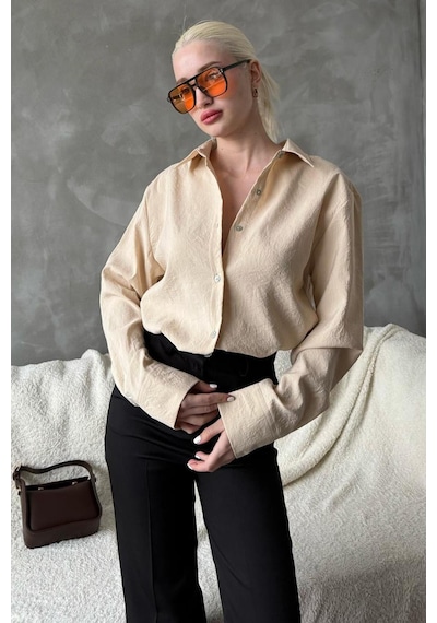 Madmext Bej Kırışık Desen Kadın Gömlek Mg2313 Bej