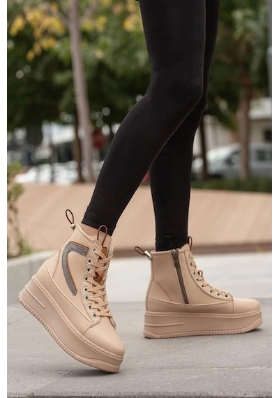 Mergenshoes Bf950 Bej Kalın Taban Kadın Bot Ten