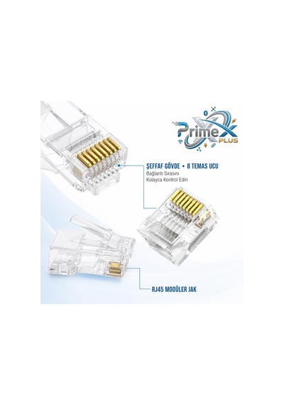 Primex Px-cob8p Rj45 Jack, 100 Lü Paket Utp Ethernet Konnektör, 8p8c Network Lan Kablo Ucu, İnternet Kablosu Sonlandırma Plug, Modem Router Switch Panel Kamera Sistemi Bağlantı Jakı