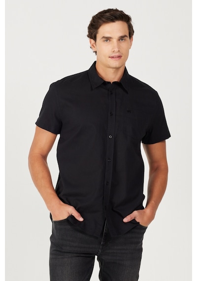 Wrangler Regular Fit Normal Kesim Kısa Kollu Düğmeli Yaka Keten Gömlek W5J7LO100 Siyah