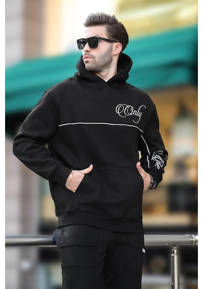 Madmext Siyah Kapüşonlu Şerit Detaylı Baskılı Erkek Sweatshirt 7091 Siyah