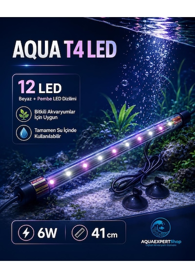 Aqua Akvaryum Işığı - Bitki Işığı - Balık Işığı - Tamamen Su İçinde Kullanılabilir - 12 Led - Pembe Beyaz - 41 Cm - Güçlü Aydınlatma - 6w