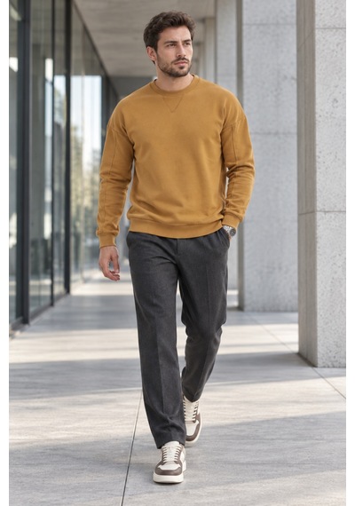 Polo State Erkek Bisiklet Yaka Oversize Dikiş Detaylı Basic Sweatshirt - Kahve Kahverengi