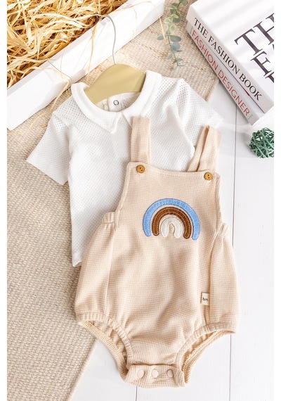 Babymod Gök Kuşaklı 100% Pamuk Erkek Bebek Salopet Yazlık Tulum Bej