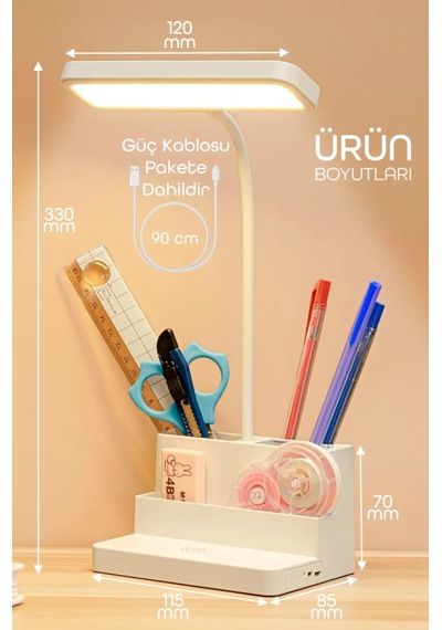 Şarjlı Masa Lambası - 3 Renk Dokunmatik Telefon Standlı 400 Lümen Usb Şarjlı Göz Yormayan Işık Beyaz