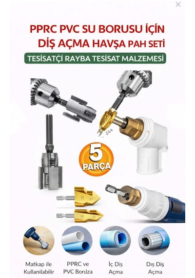 Rekotools -pprc Pvc Su Borusu Diş Açma Seti 5 Parça Havşa Pah Açma Aparatı Tesisatçı Kılavuz Seti