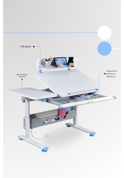 Vega Standart Yükseklik Ve Eğim Ayarlı, Çekmeceli Ergonomik Bilgisayar, Ofis Ve Çalışma Masası Mavi Gri Vega Standart Yükseklik Ve Eğim Ayarlı, Çekmeceli Ergonomik Bilgisayar, Ofis Ve Çalışma Masası Mavi Gri