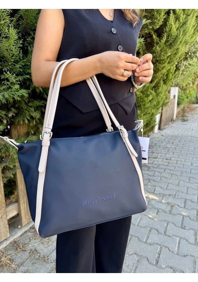 Just Polo Kadın Orijinal Büyük Boy Lakost Kumaş Lüks El Ve Omuz Çantası Shopper 27 X 32 Cm Lacivert - Taş