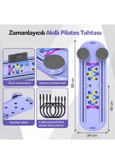 Zamanlayıcılı Akıllı Pilates Tahtası - Çok Fonksiyonlu Ev Tipi Full Body Fitness Ve Şınav Seti Mor