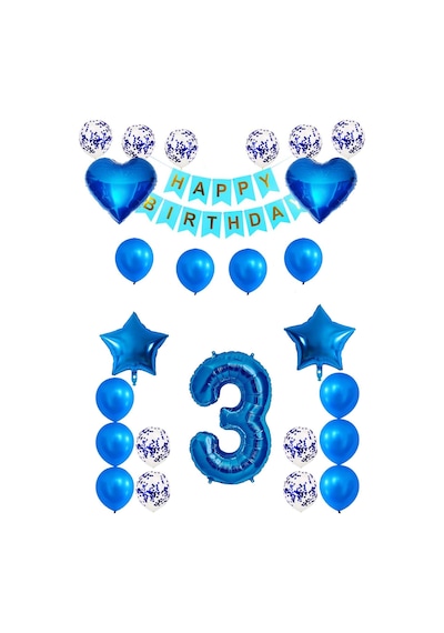3 Yaş Mavi Konsept Doğum Günü Seti Kalp Yıldız Folyo Balon Set