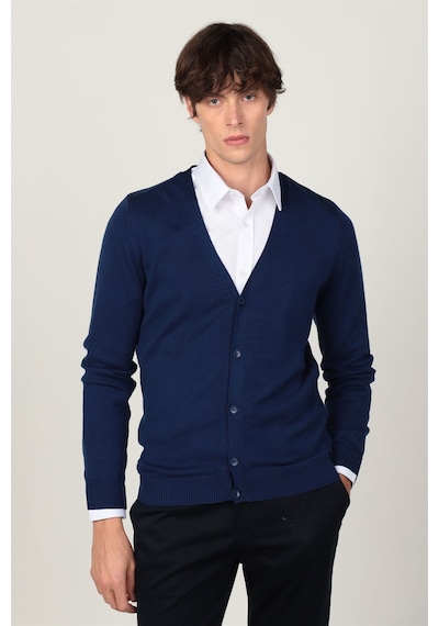 Tudors Slim Fit Dar Kesim Düğmeli Düz Pamuk Erkek Hırka-24132 Lacivert