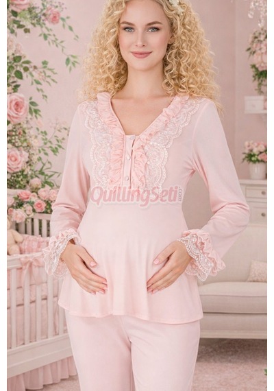 Lady Bebe Pembe Renkli Dantel Detaylı 33208 Uzun Kol 2 Parça Lohusa Hamile Pijama Takımı Açık Pembe