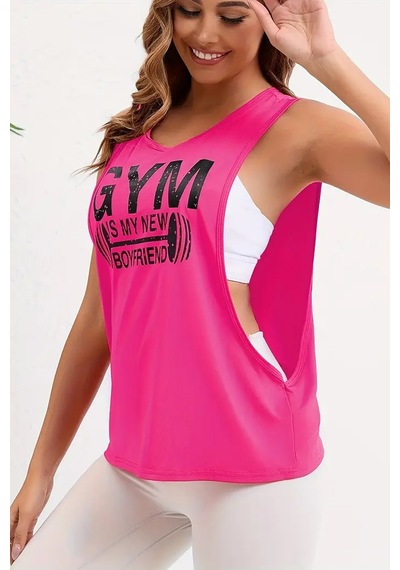 Ghassy Co. Kadın Gym Baskılı Nefes Alabilen Fitness Yoga Koşu Kolsuz Spor Atlet Fuşya