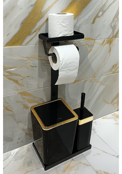 3'ü 1 Arada Banyo Seti Tuvalet Kağıtlık, Çöp Kovası Ve Tuvalet Fırça Takımı Altın - Siyah