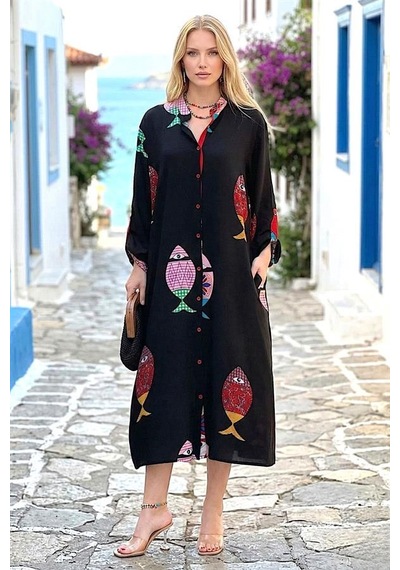 Veraura Lifestyle Siyah Balıklı Gömlek Elbise
