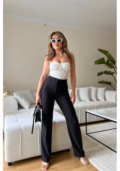Neşeli Butik Kadın Yüksek Bel Keten Pantolon Mylk01- Siyah Siyah