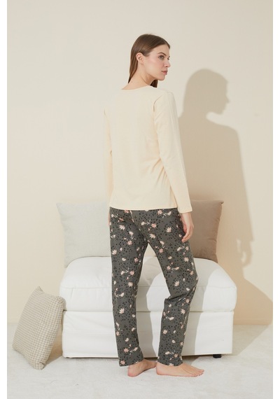 Siyah İnci Pamuklu Örme Pijama Takım 24240114 Krem