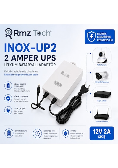 İnox 12volt 2 Amper Upsli Lityum Bataryalı Adaptör Woltaj Korumalı