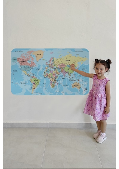 Türkçe Eğitici Ülke Ve Başkent Okyanus Detaylı Atlası Dünya Haritası Duvar Sticker -85x130-3869 Çok Renkli