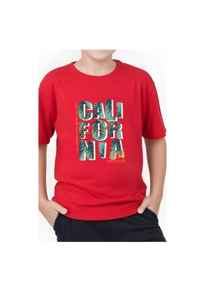 Panios Kids 1976 Cali Baskılı Erkek Çocuk Yuvarlak Yaka Kısa Kollu T-shirt Kırmızı