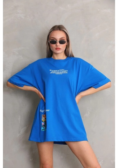 Kadın Bisiklet Yaka Baskılı Oversize T-shirt - Mavi Mavi