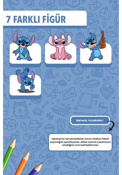 İsim Yazılabilir Stitch Temalı Kişiye Özel Okul Etiketi Kalem & Defter İçin 200 Adet Çoklu