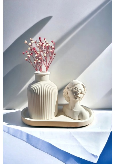 Dekoratif Kadın Figür Mini Kuru Çiçek Vazosu Set Stand Dahildir Beyaz