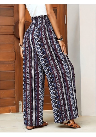 Efnaz Style Kadın Yüksek Bel Belden Bağcıklı Desenli Uzun Süprem Pantolon Bordo