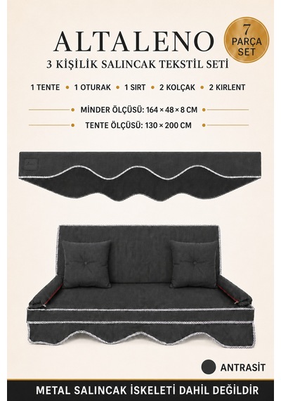Zishtekstil Keten Kumaş Süngerli Gölgelikli 3 Kişilik Salıncak Minderi 8 Cm Antrasit