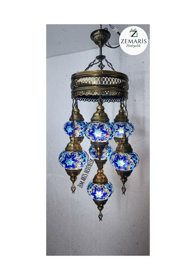 El Yapımı Otantik Mozaik 7 Li Avize Tavan Lambası Dekoratif Mavi - 786499679 Mavi