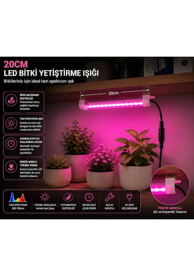 20 Cm Full Spektrum Led Bitki Yetiştirme Lambası - Fotosentez Destekleyici Pembe Işık