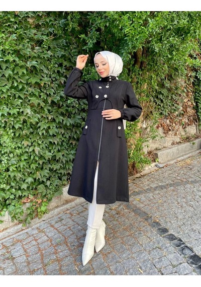 Ara Boy Önü Düğmeli İthal Kaşe Kaban / M0111 - Siyah Siyah