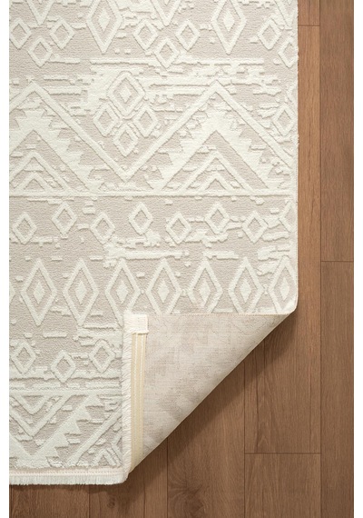 Cotto Motto Tt008w Krem Beyaz Halı Geometrik Desen Pamuk Taban Yıkanabilir Salon Mutfak Halısı Krem-beyaz
