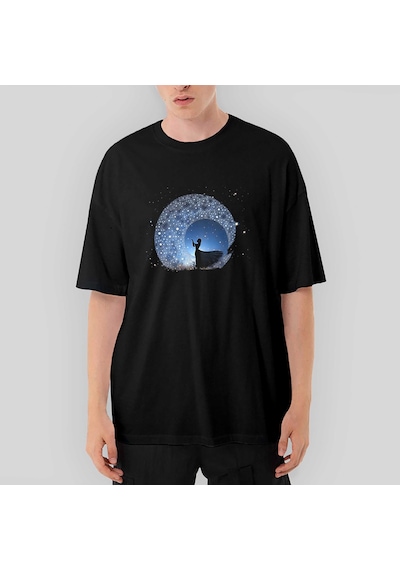 Woman Watching The Stars İn The Sky Oversize Siyah Tişört Siyah