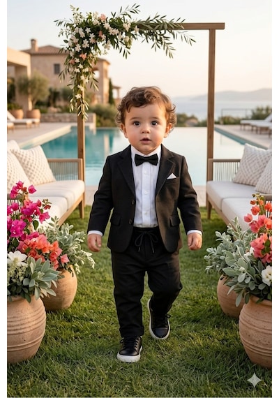 Baby Kids Colors Flamlı Keten Salaş Ceketli Takım Elbise/gömlek Pantolon Ceket Papyon Ay Grubu Zıbınlı Siyah