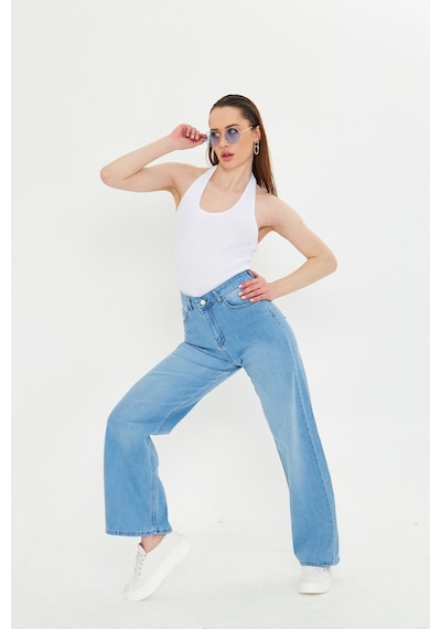 Kutaf Buz Mavi Beş Cepli Palazzo Denim Pantolon Bebe Mavisi