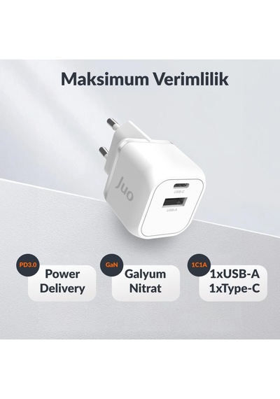 Juo 20W GaN USB C + A Şarj Aleti Apple Uyumlu iPhone & iPad Android PD QC4.0 Type Hızlı Cihazı Beyaz