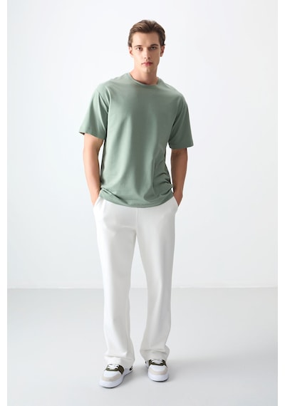 Air Jones Tommy Life Açık Yeşil Pamuklu Kalın Yumuşak Dokulu Oversize Fit Basic Erkek T-shirt - 88377 CAMEL