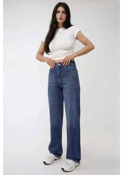 Hiccup Yüksek Bel Straight Kot Pantolon Orta Mavi Denim