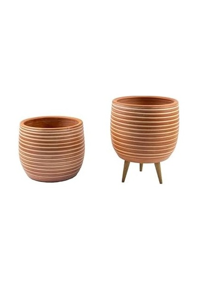 Bitki Tasarımı Ev Dekorasyon Yan Çizgi Desenli Terrakota Toprak Saksı Saksılık Salon Çiçeklik İkili Set Ayaksız - 3 Ayaklı- 15 Cm
