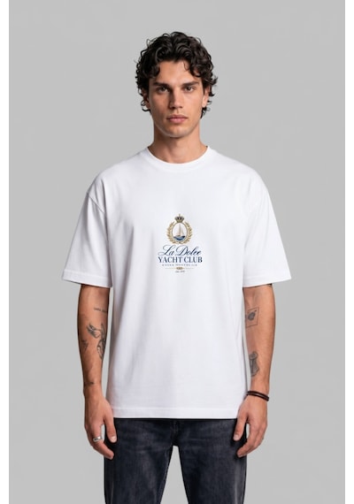 Black Nova Oversize Baskılı Unisex Tişört Yacht Club Beyaz