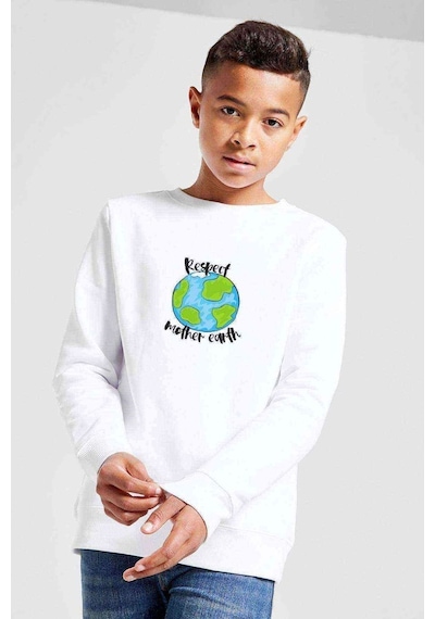Tshirthane Respect Mother Earth Baskılı Unisex Çocuk Beyaz Sweatshirt